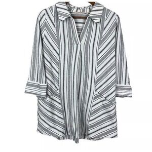 Soft Surroundings Tunic Plus Size 1X White Gray Stripe Cotton Pockets Coastal